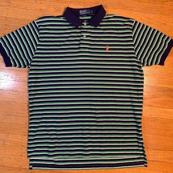 Vintage Polo Ralph Lauren Mens Large Green and Blue Striped Polo Shirt Preppy - Picture 1 of 7